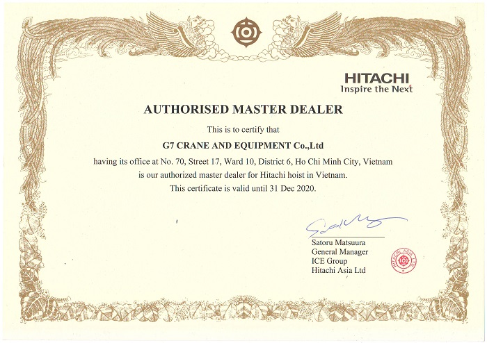 Chứng nhận nhà phân phối palang Hitachi hoist tại Việt Nam